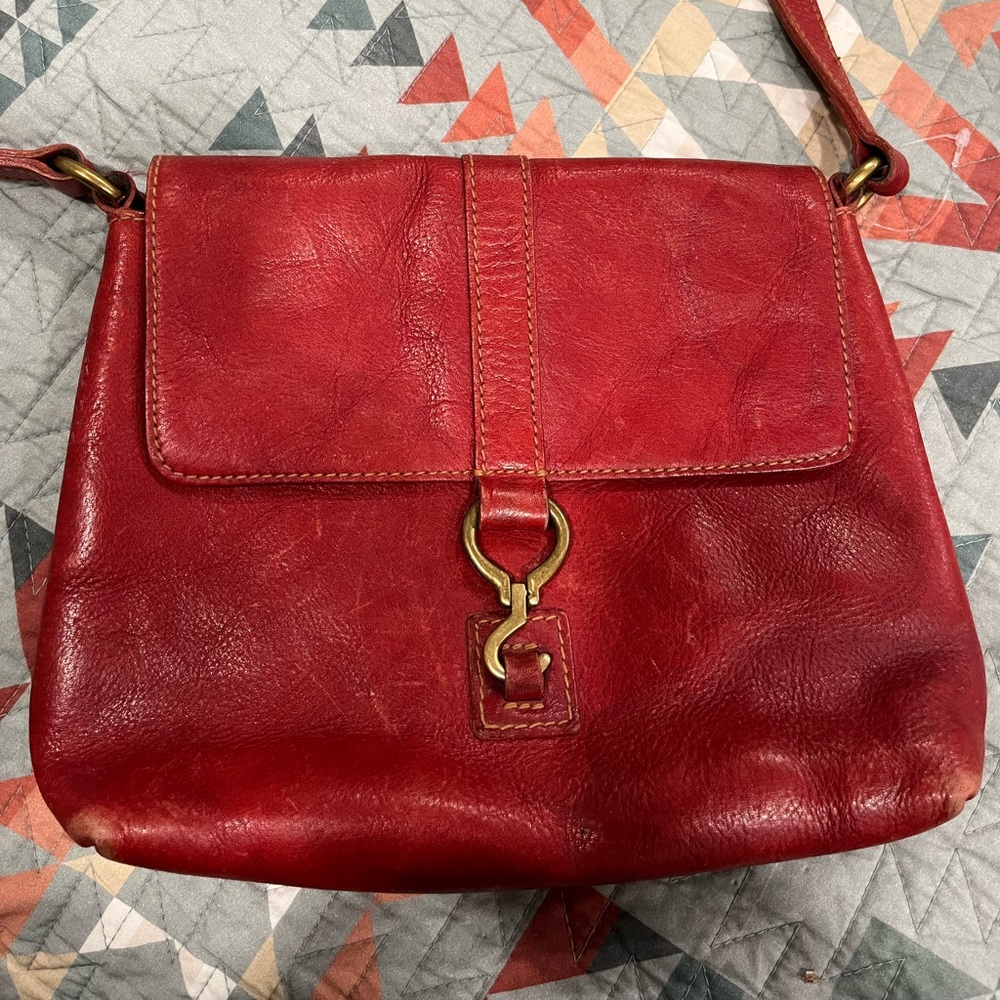 Vintage, Ralph, Lauren red leather purse, cloth lined,